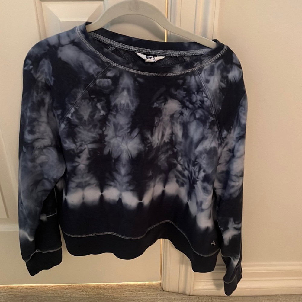 Blue and white fleece crew neck